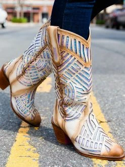 Alig Tannery Retro Cowgirl — Wide Western Boots In White Sequined Leather