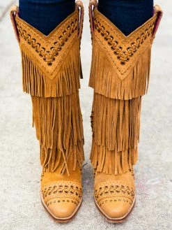 Alig Tannery All Around The Fringe — Wide Calf Western Fringe Boots In Tan Leather 12 Alig Tannery All Around The Fringe — Wide Calf Western Fringe Boots In Tan Leather