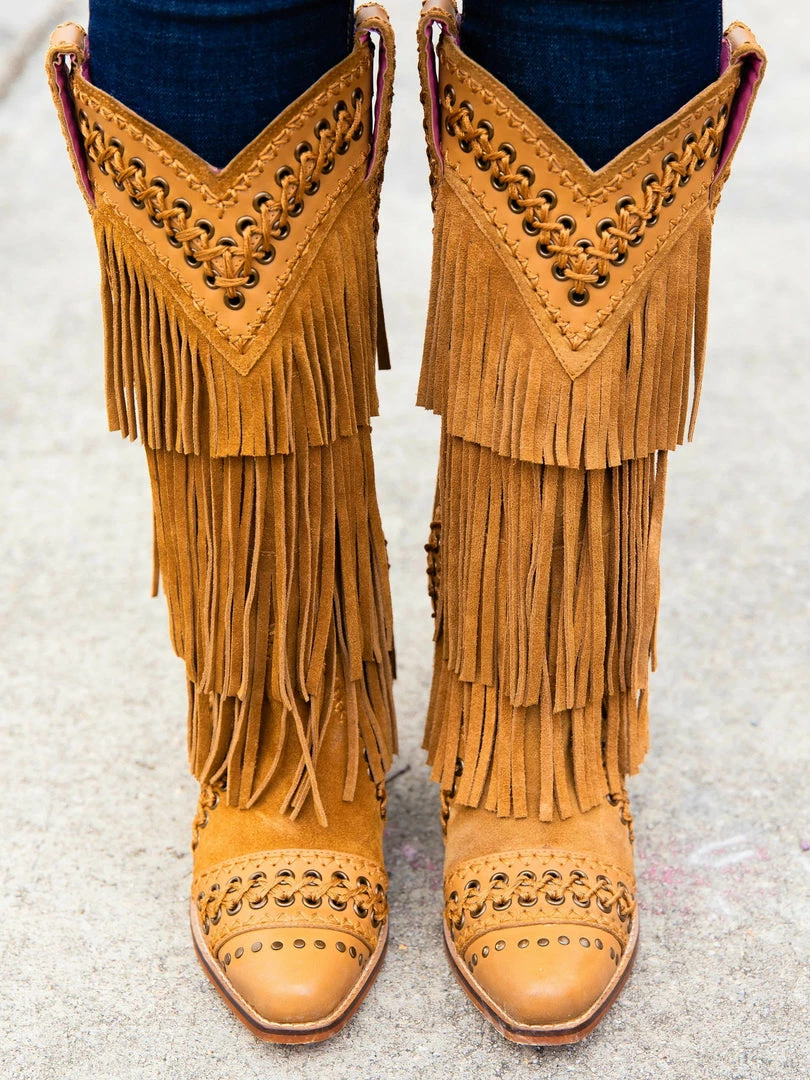 Alig Tannery All Around The Fringe — Wide Calf Western Fringe Boots In Tan Leather 6 Alig Tannery All Around The Fringe — Wide Calf Western Fringe Boots In Tan Leather