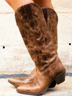Prachi Leather Stella Mae — Wide Classic Leather Cowgirl Boots In Brown New Arrivals