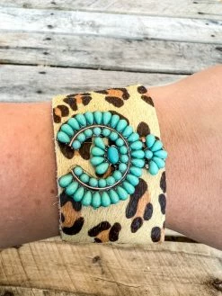 Southern Grace New Arrivals All Wrapped Up Leopard Suede Cuff With Turquoise Stone Squash Blossom