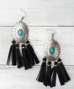 Southern Grace Cowgirl Turquoise Black Tassels Earrings