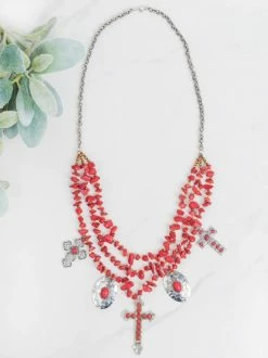 Southern Grace Red Beaded Necklace With Silver & Copper Crosses