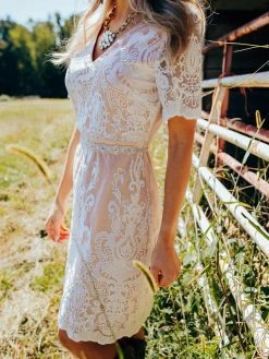 D & J Industries Bridal White Lace Dress With Tan Lining