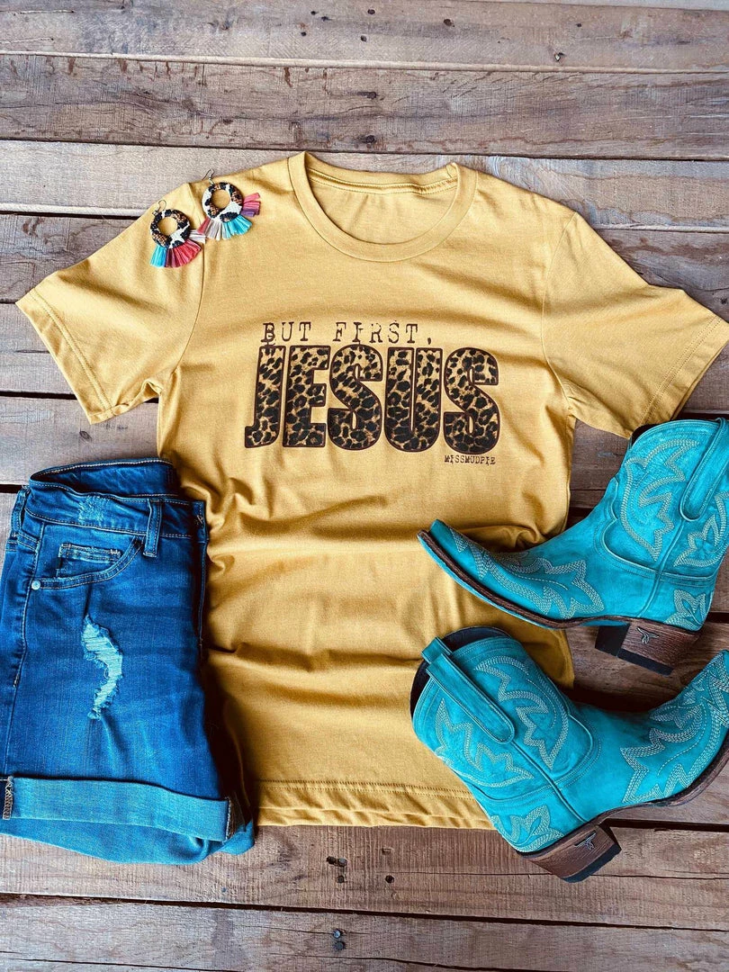 Miss Mud Pie Tees But First Jesus Tee - Mustard 4 Miss Mud Pie Tees But First Jesus Tee - Mustard