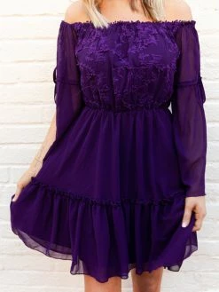 D & J Industries Clothing Cheerful Wishes - Off The Shoulder Boho Dress In Purple