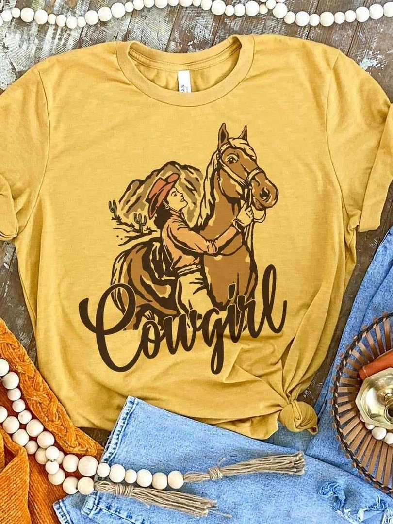 Miss Mud Pie Clothing Cowgirl Horse Tee - Mustard 3 Miss Mud Pie Clothing Cowgirl Horse Tee - Mustard