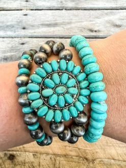 Southern Grace She Is My Rock Turquoise Squash Blossom Navajo Pearls Bracelet Set New Arrivals