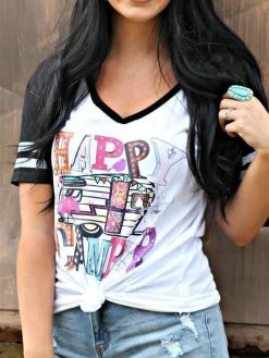 Bling-A-Gogo Happy Camper Raglan Short Sleeve Tee By Bling-a-Go-Go Tees