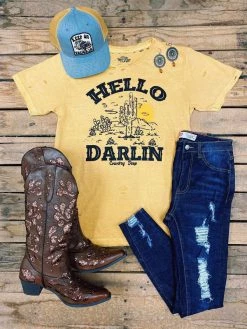 Country Deep Hello Darlin Distressed Mustard Tee Tees