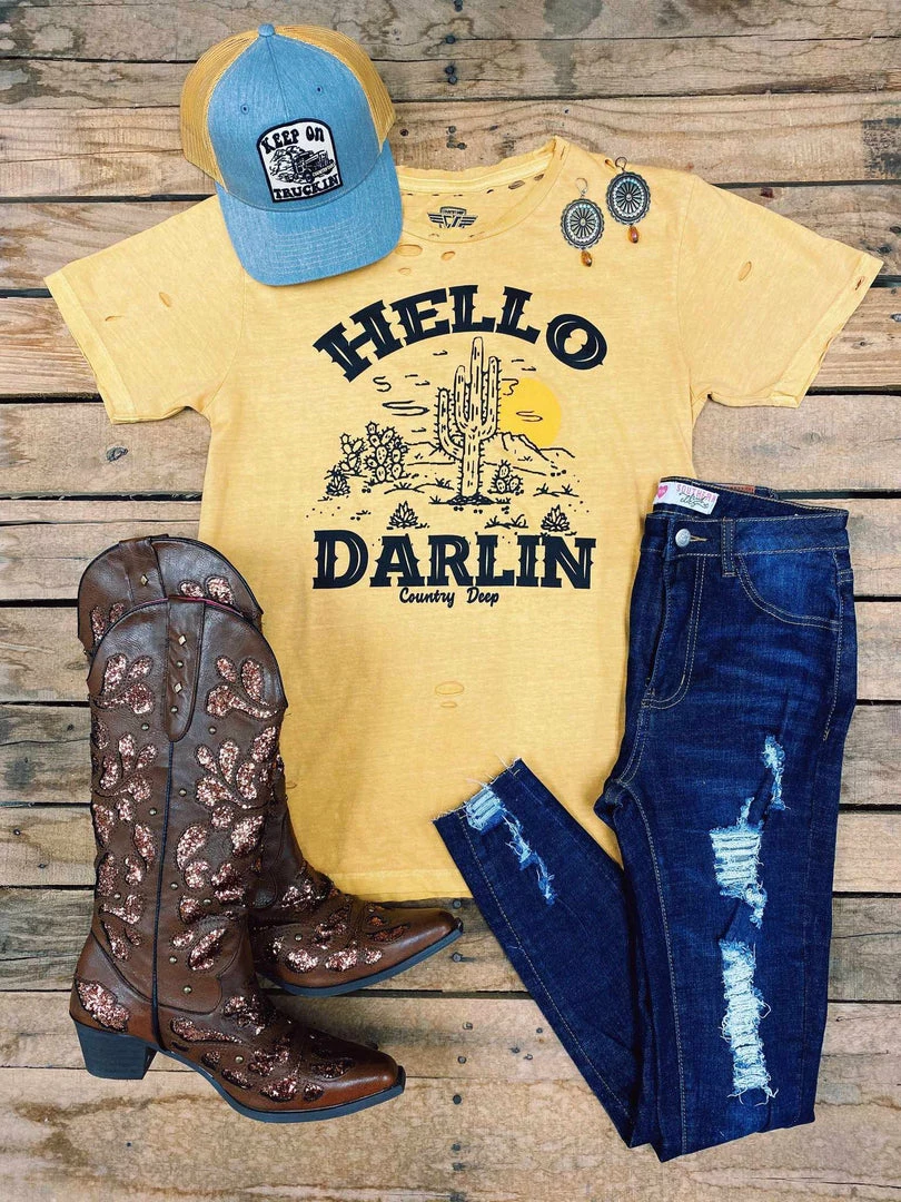Country Deep Hello Darlin Distressed Mustard Tee Tees 3 Country Deep Hello Darlin Distressed Mustard Tee Tees