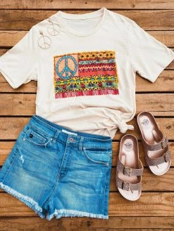 Miss Mud Pie Tees Hippie Peace American Flag Tee - Soft Cream