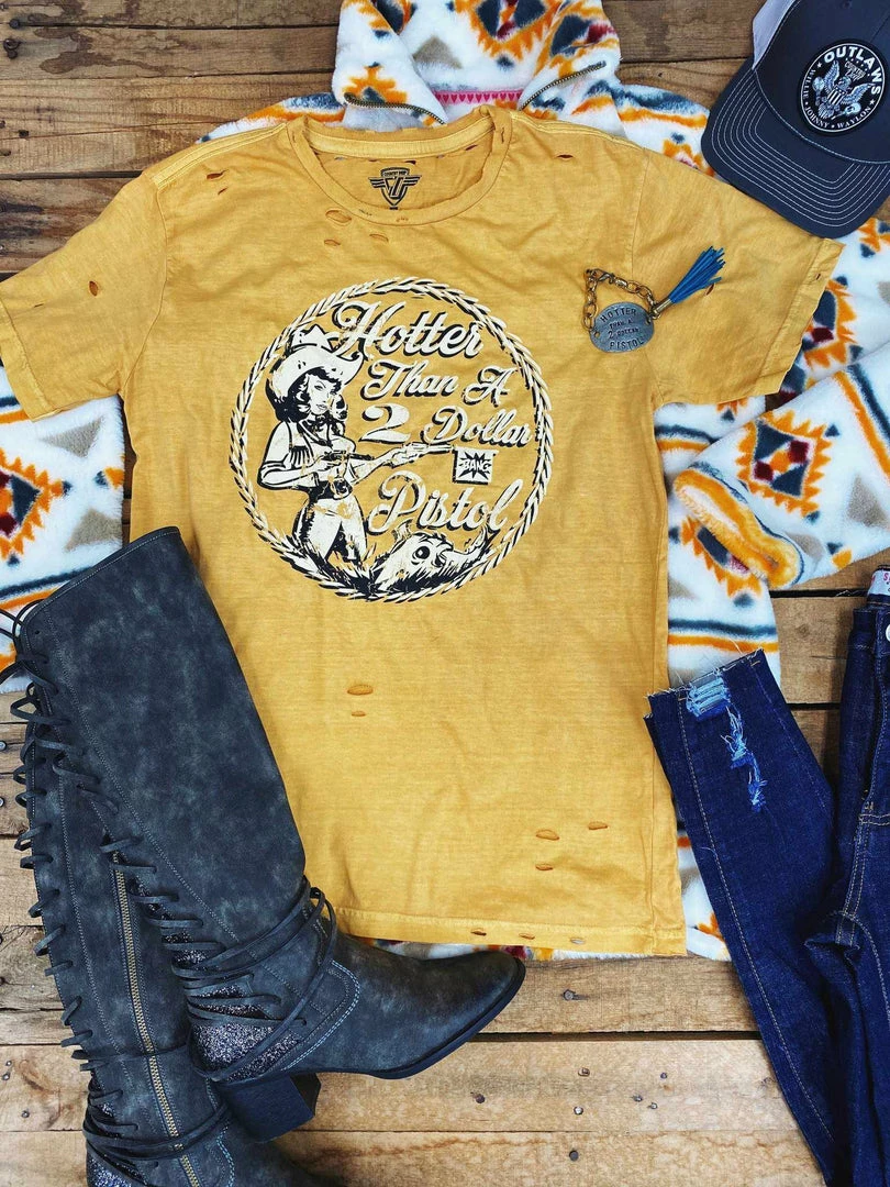 Country Deep Hotter Than A 2 Dollar Pistol Distressed Mustard Tee Tees 3 Country Deep Hotter Than A 2 Dollar Pistol Distressed Mustard Tee Tees