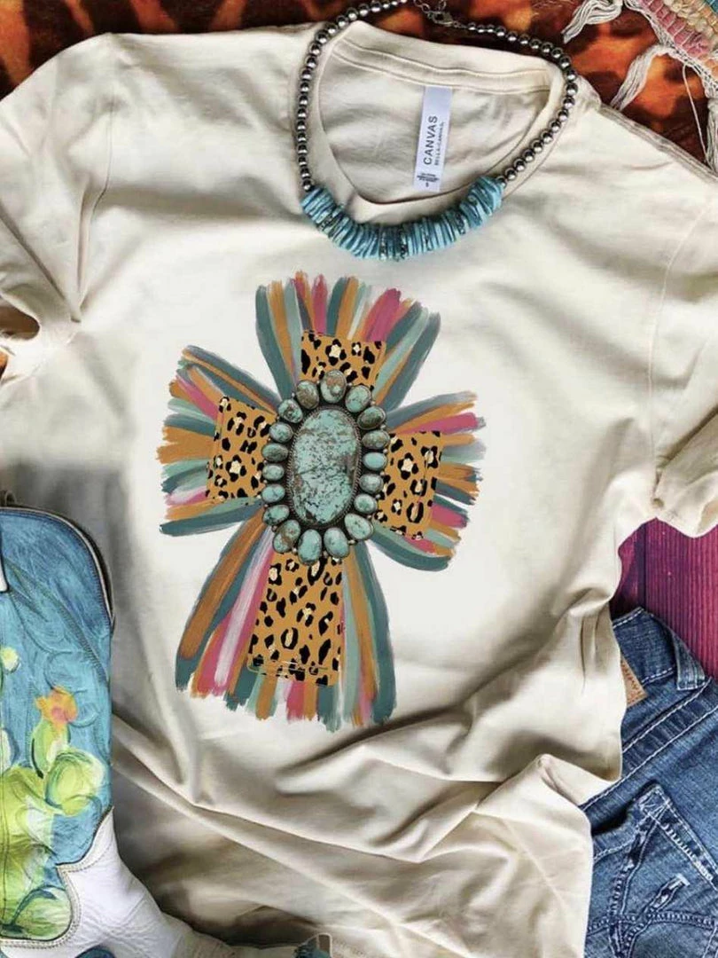 Miss Mud Pie Tees Leopard Cross With Turquoise Stone Tee - Cream 4 Miss Mud Pie Tees Leopard Cross With Turquoise Stone Tee - Cream