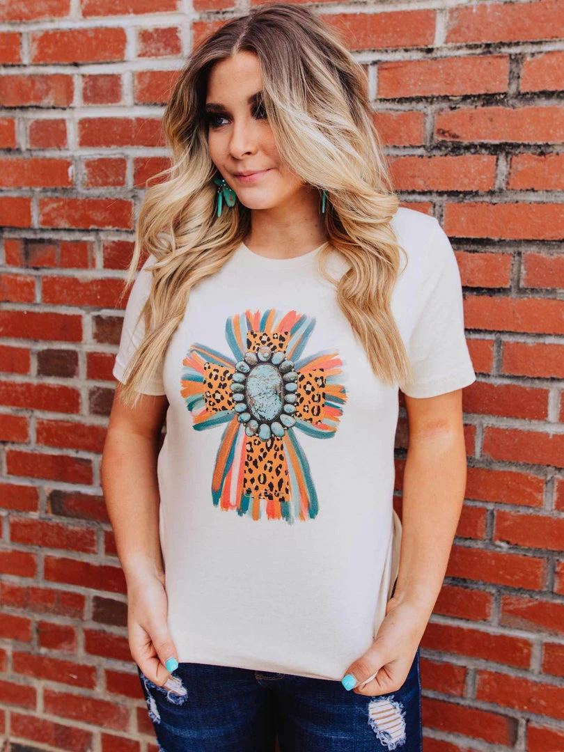 Miss Mud Pie Tees Leopard Cross With Turquoise Stone Tee - Cream 3 Miss Mud Pie Tees Leopard Cross With Turquoise Stone Tee - Cream