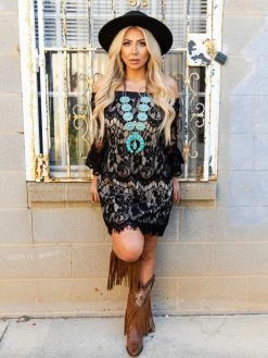 D & J Industries Clothing Locked In Lace Off Shoulder Dress - Black With Neutral Lining 9 D & J Industries Clothing Locked In Lace Off Shoulder Dress - Black With Neutral Lining