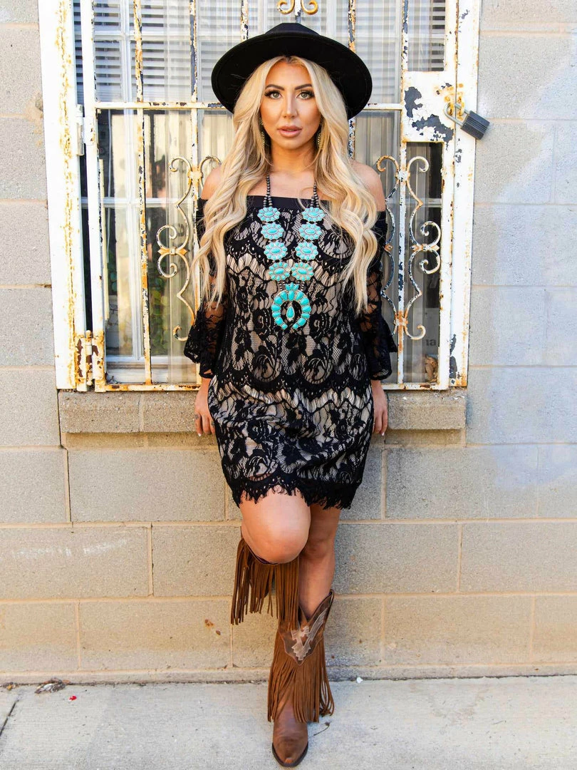 D & J Industries Clothing Locked In Lace Off Shoulder Dress - Black With Neutral Lining 6 D & J Industries Clothing Locked In Lace Off Shoulder Dress - Black With Neutral Lining