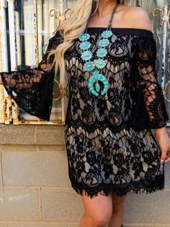 D & J Industries Clothing Locked In Lace Off Shoulder Dress - Black With Neutral Lining