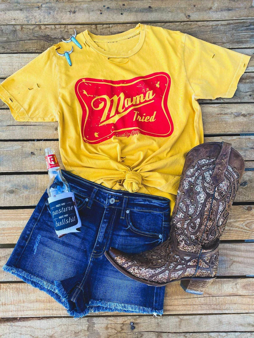 Country Deep Mama Tried Distressed Tee - Mustard Tees 3 Country Deep Mama Tried Distressed Tee - Mustard Tees