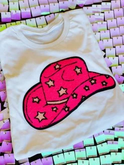 Bling-A-Gogo Summer Fried Swimwear Neon Cowgirl Star Patch T-shirt - White