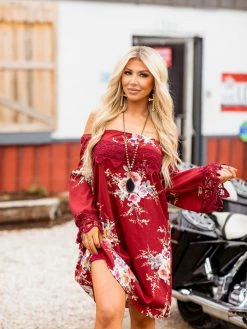 D & J Industries Lace Talk About It Tunic Dress - Wine Floral New Arrivals