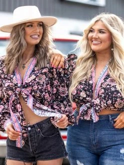 D & J Industies Co., LTD. Got You Wrapped Crop Top - Black Floral New Arrivals