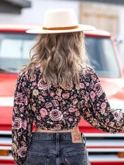 D & J Industies Co., LTD. Got You Wrapped Crop Top - Black Floral New Arrivals