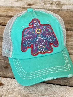Southern Grace Aztec Thunderbird Turquoise Distressed Beige Mesh Hat New Arrivals