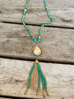 Southern Grace New Arrivals Shine So Bright Iridescent Oval Gold Crystal Turquoise Beaded Necklace