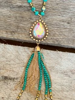 Southern Grace New Arrivals Shine So Bright Iridescent Oval Gold Crystal Turquoise Beaded Necklace