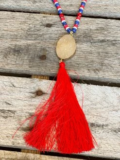 Southern Grace Good Times Red Tassel Mixed With Tan Lines And Rose Gold Beaded Necklace New Arrivals
