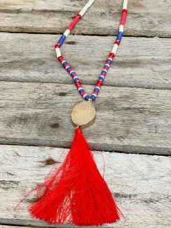 Southern Grace Good Times Red Tassel Mixed With Tan Lines And Rose Gold Beaded Necklace New Arrivals