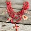 Southern Grace Red Beaded Necklace With Silver & Copper Crosses