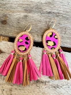 Southern Grace New Arrivals Teardrop Oval Fuchsia Fringe Earrings