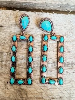 Southern Grace Copper Stone Turquoise Teardrop Rectangle Earrings New Arrivals
