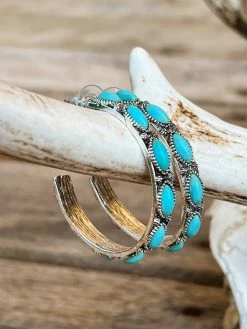 Southern Grace Darlin Please Turquoise Rock Silver Hoop Earrings