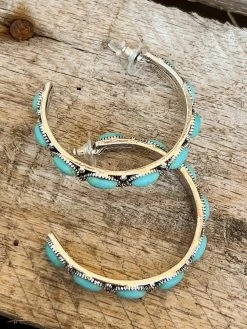 Southern Grace Darlin Please Turquoise Rock Silver Hoop Earrings