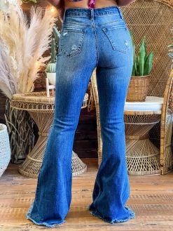 Special A High Rise Boot Cut Distressed Jeans In Medium Blue