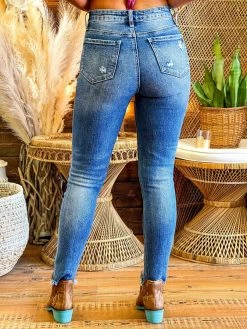 Special A Mid Rise Straight Leg Distressed Jeans In Medium Blue