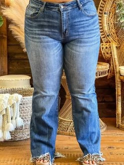 Special A Mid Rise Boot Cut Distressed Jeans In Medium Blue