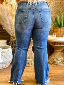 Special A Mid Rise Boot Cut Distressed Jeans In Medium Blue