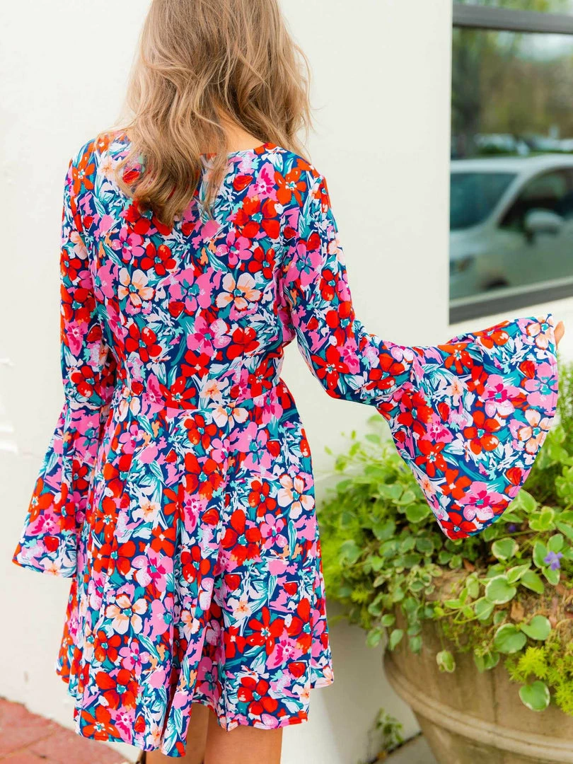 D & J Industies Co., LTD. Floral Fever — Bell Sleeve Floral Dress In Red New Arrivals 4 D & J Industies Co., LTD. Floral Fever — Bell Sleeve Floral Dress In Red New Arrivals