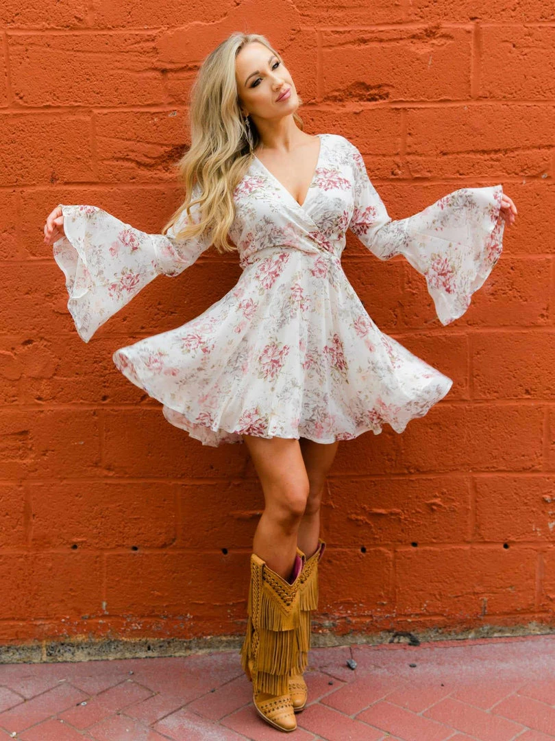 D & J Industies Co., LTD. Floral Fever — Bell Sleeve Floral Dress In White 4 D & J Industies Co., LTD. Floral Fever — Bell Sleeve Floral Dress In White