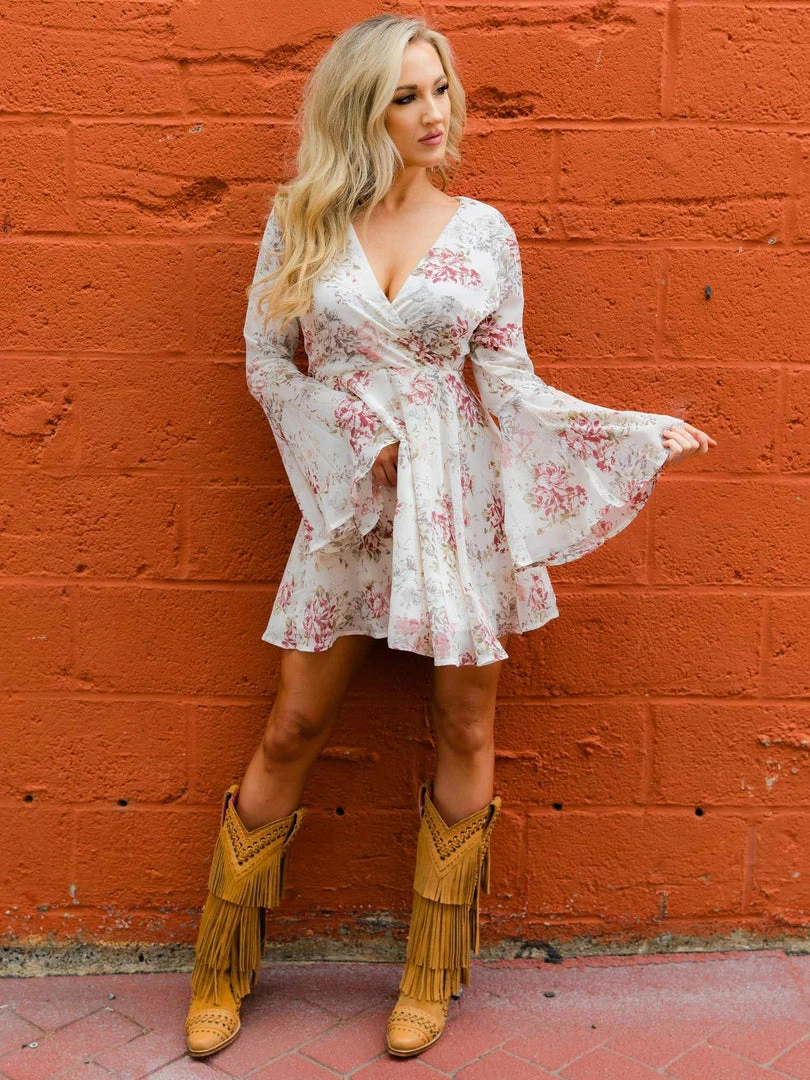 D & J Industies Co., LTD. Floral Fever — Bell Sleeve Floral Dress In White 3 D & J Industies Co., LTD. Floral Fever — Bell Sleeve Floral Dress In White