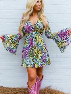 D & J Industies Co., LTD. New Arrivals Famous Like Lisa — Bell Sleeve Dress In Multicolor Leopard