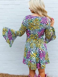 D & J Industies Co., LTD. New Arrivals Famous Like Lisa — Bell Sleeve Dress In Multicolor Leopard