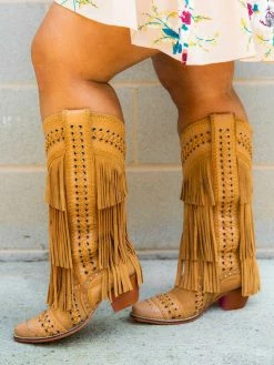 Alig Tannery All Around The Fringe — Wide Calf Western Fringe Boots In Tan Leather