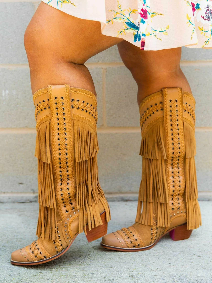 Alig Tannery All Around The Fringe — Wide Calf Western Fringe Boots In Tan Leather 3 Alig Tannery All Around The Fringe — Wide Calf Western Fringe Boots In Tan Leather