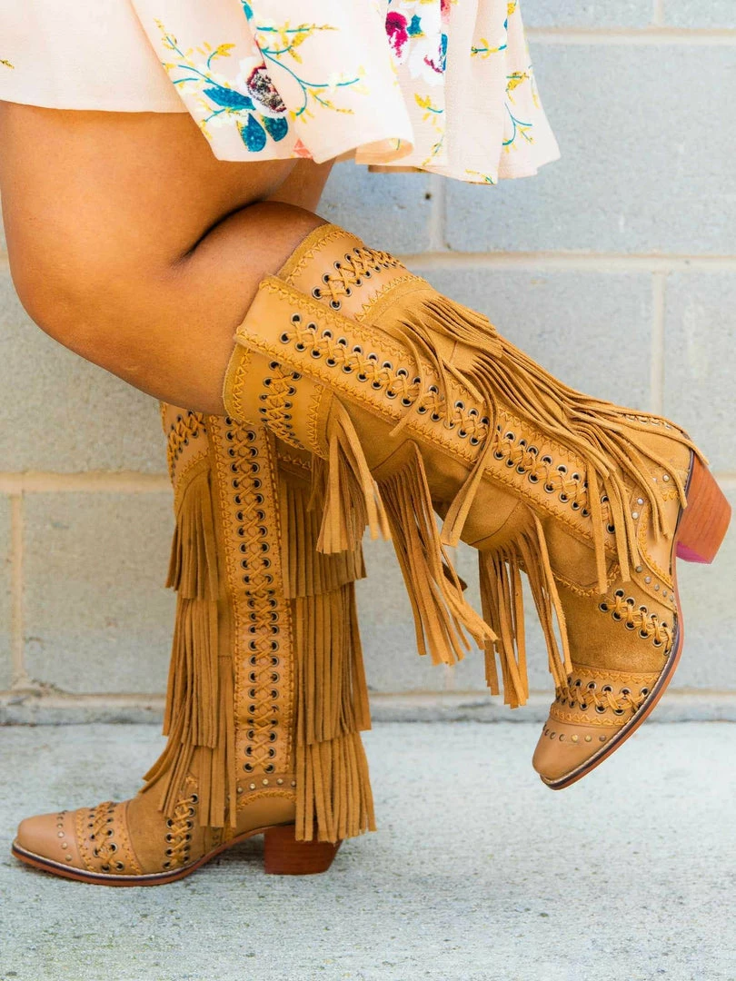 Alig Tannery All Around The Fringe — Wide Calf Western Fringe Boots In Tan Leather 4 Alig Tannery All Around The Fringe — Wide Calf Western Fringe Boots In Tan Leather