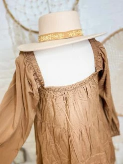 Peach Love CA Square Neck Balloon Sleeve Dress - Camel Sale!